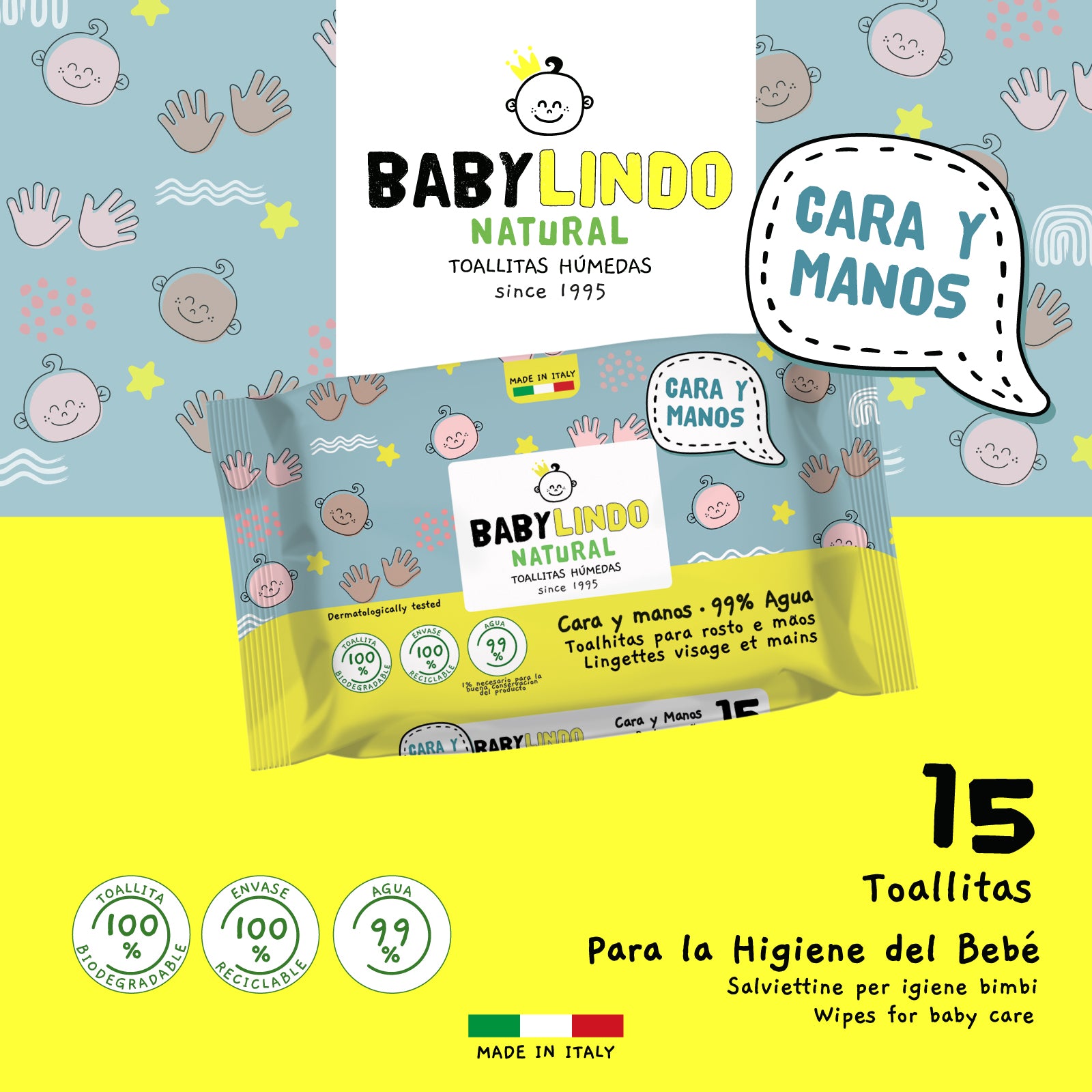 Baby Lindo Natural Cara y Manos 15 toallitas - 20 Paquetes x Caja
