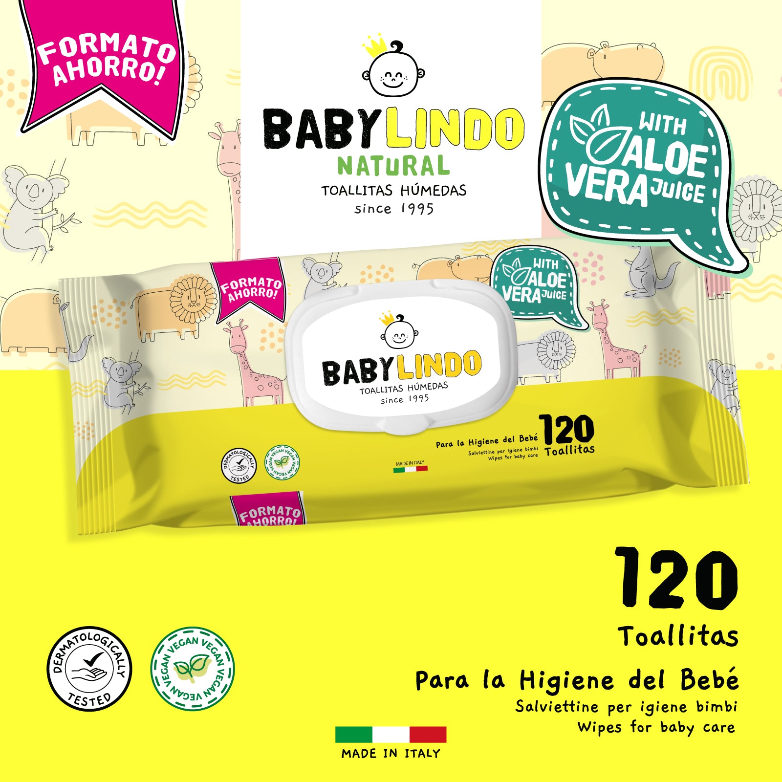 Baby Lindo Aloe con Tapa 120 toallitas-12 Paquetes x Caja