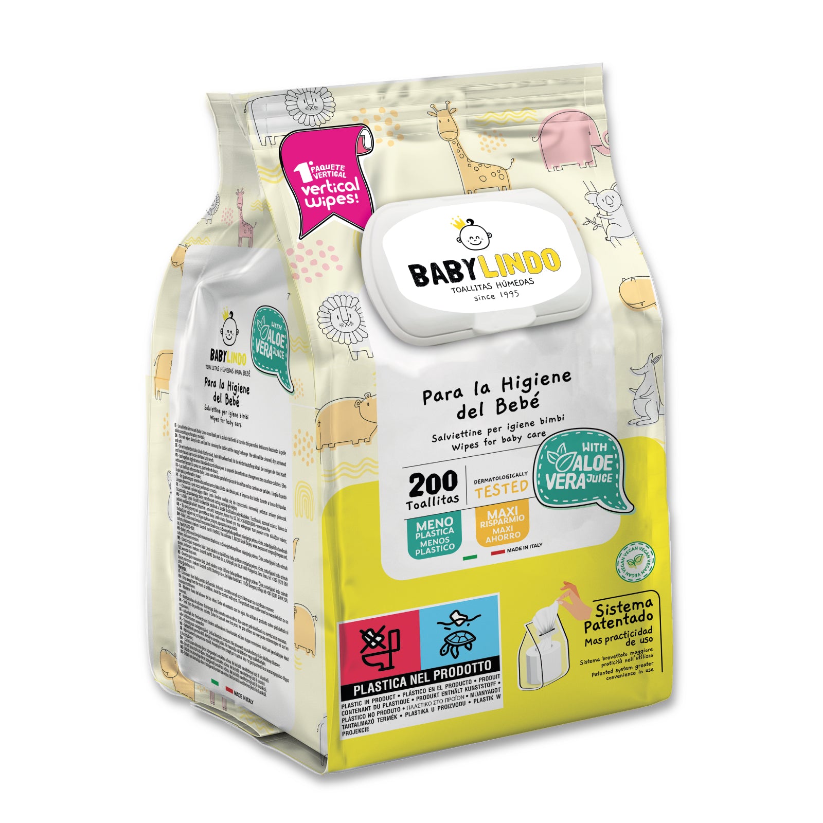 Baby Lindo Aloe con Tapa 200 toallitas-8 Paquetes x Caja
